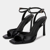 Black Patent Leather Ankle Strap Buckle Heeled Sandals Women Sexy Square Open Toe High Heels Summer Elegant Party Office Shoes