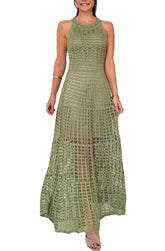 Women's Sleeveless Long Beach Dress Hollow out Knit Bikini Cover up Crochet Swimwear Female Bandage Summer Dress