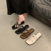 Women Summer Slippers Ladies Sandals Metal Decor Thong Flip Flop Low Heel Shoes Woman Outdoor Retro Brown Sandals Female