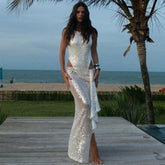 Women's Sequin Skirt Sets Sexy See Through Slim Holiday Party Outfits Summer Fashion Bodysuit and Maxi Skirt Two Piece Set 2024