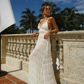 Summer See Through Dresses V-Neck Sleeveless High Waist Patchwork Spaghetti Backless Party Dress Women 2025 Beachwear Maxi Dress