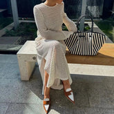 Sexy Transparent Knitted Cover Dress Women Retro Slit Pullover Beach Vacation Dress 2025 Long Sleeve Straight One Piece Dress