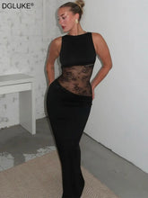 DGLUKE Black Sleeveless Long Dress Women Transparent Lace Patchwork Sexy Maxi Dress Backless Bodycon Club Party Dress