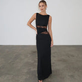 Apprabant Women Lace Splicing Solid Color Vestido Round Neck Sleeveless Semi Transparent Hollow Out Twisted Waistband Dress