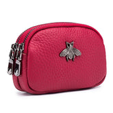 Women Cowhide Double Zipper Portable Wallets Bag Bee Card Hoder Lipstick Case Leather Mini Earphone Coin Purse For Female