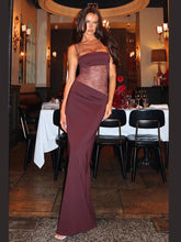 Chic Wine Red Satin See Through Mesh Spcling Women Maxi Dress Elegant Sleeveless Fold Slim Fit Sling Dresses Lady New Party Robe