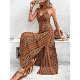 2024 Spring/Summer New Women's V-neck Strapless Stripe Print Fashion Beach Dress Slit Strapless Dress Party Sexy Elegant G maxi