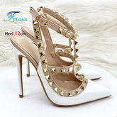 2024 New Fashion Rivet Strap Sandals For Women 8CM 10CM 12CM High Heels Summer Party Shoes White Roman Stiletto Pumps Size 34-46