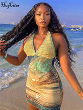 Hugcitar 2024 Spring Halter Knitted Scenery Print Backless Lace Up Sexy Mini Dress Women Fashion Clothes Beach Vacation Party