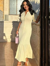 Elegant Pleated Hem Street Fashion O Neck Bell Sleeve Slim Knit Midi Dress 2024 Women Summer Beach Swimsuit Cover Up Tunic A3055