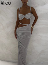 kliou Woven Sexy Women 2 Piece Set Stunning Hot Solid Pleated Crop Camisoles+High Waist Maxi Skirts Female Trend Vacation Outfit