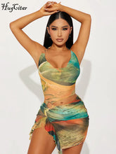 Hugcitar 2024 Scenery Print Halter Backless Hollow Out Ruffles Slit Sexy Slim Mini Dress Summer Fashion Beach Vacation Outfit