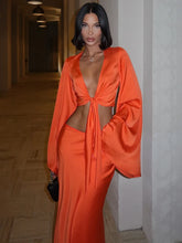 Huhugirl Sets Women Fashion Sexy Streetwear Solid Flare Sleeve Deep V-Neck Tracksuits (Tops+Long Skirts)Matching 2 Pieces Female