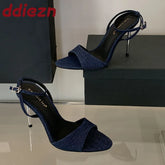 Narrow Band Fashion Denim Women Super High Heels Pumps Shoes New In 2025 Female Ankle Strap Footwear Thin Heels Shoes For Ladies