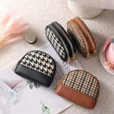Women Coin Purse Houndstooth Fabric Embroidery Double Layers Zipper Bag Leather Card Holders Mini Key Wallet