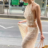 Halter Neck Long Skirt Women Sling Top Elegant Lace Up Fold Maxi Skirts Summer Pleated Sleeveless Backless Tops 2pcs Outfits