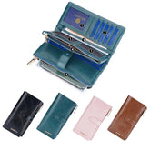Oil Wax Leather Women's Long Wallet With Double Zipper Buckle Large Capacity Clutch Bag Multi-Card Holder