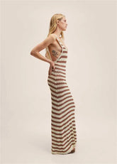 Women's Sleeveless Backless Striped Knit Swimsuit Bikini Cover-Up One-Piece Long Beach Dress Fashion Swimwear