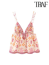 TRAF 2023 Autumn Printed Suspender Tank Tops for Women Casual Sleeveless V-Neck Cropped Blouse Vacation Chic Ladies Streetwear