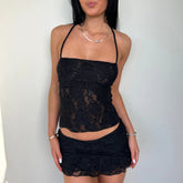 Y2K Vintage Lace See Through Two Piece Outfit Sexy Backless Bandage Halter Crop Tops and Mini Skirt Ladies Summer Clubwear