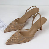 Luxury Brand High Heels Women Sandals Mesh Embroider Elegant Pointed Ladies Slingback Evening Party Wedding Bridal Dress Shoes