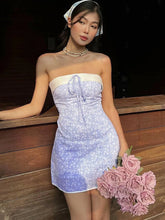 Hugcitar 2024 Floral Print Strapless Patchwork Elegant Sexy Bodycon Mini Dress Women Casual New Clothes Birthday Party Festival