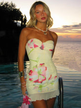 Mozision Off-shoulder Strapless Sexy Mini Dress For Women Robe Yellow Sleeveless Backless Ruffled Printed Club Dress Vestido