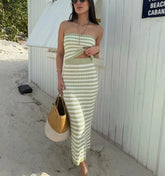 2pcs Striped Crochet Bikini Cover-Up Wrap Swimwear Crop Top And Long High Waist Skirt Sexy Bandage Beach Knit Dress for Women