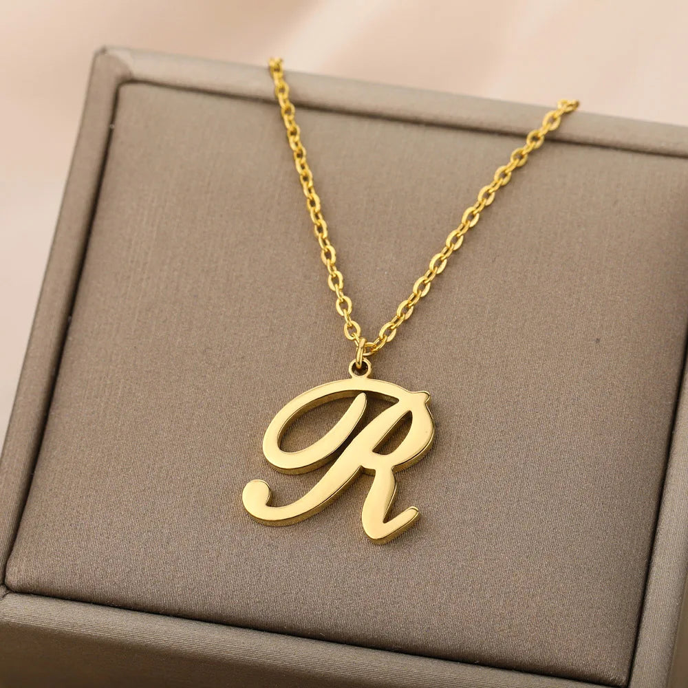 Artistic Cursive Initials Letter Necklace For Women Gold Plated Chain Choker Necklace Charm Collar Stainless Steel Jewelry