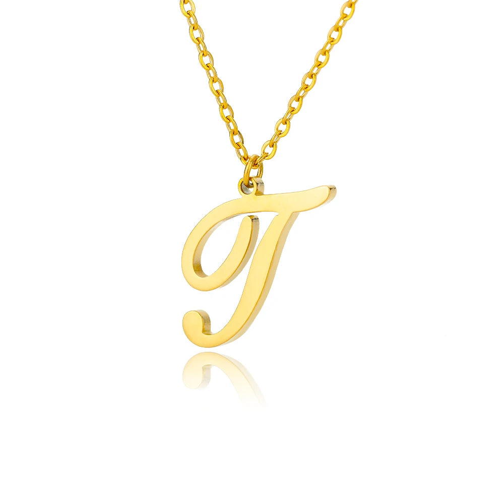 Artistic Cursive Initials Letter Necklace For Women Gold Plated Chain Choker Necklace Charm Collar Stainless Steel Jewelry