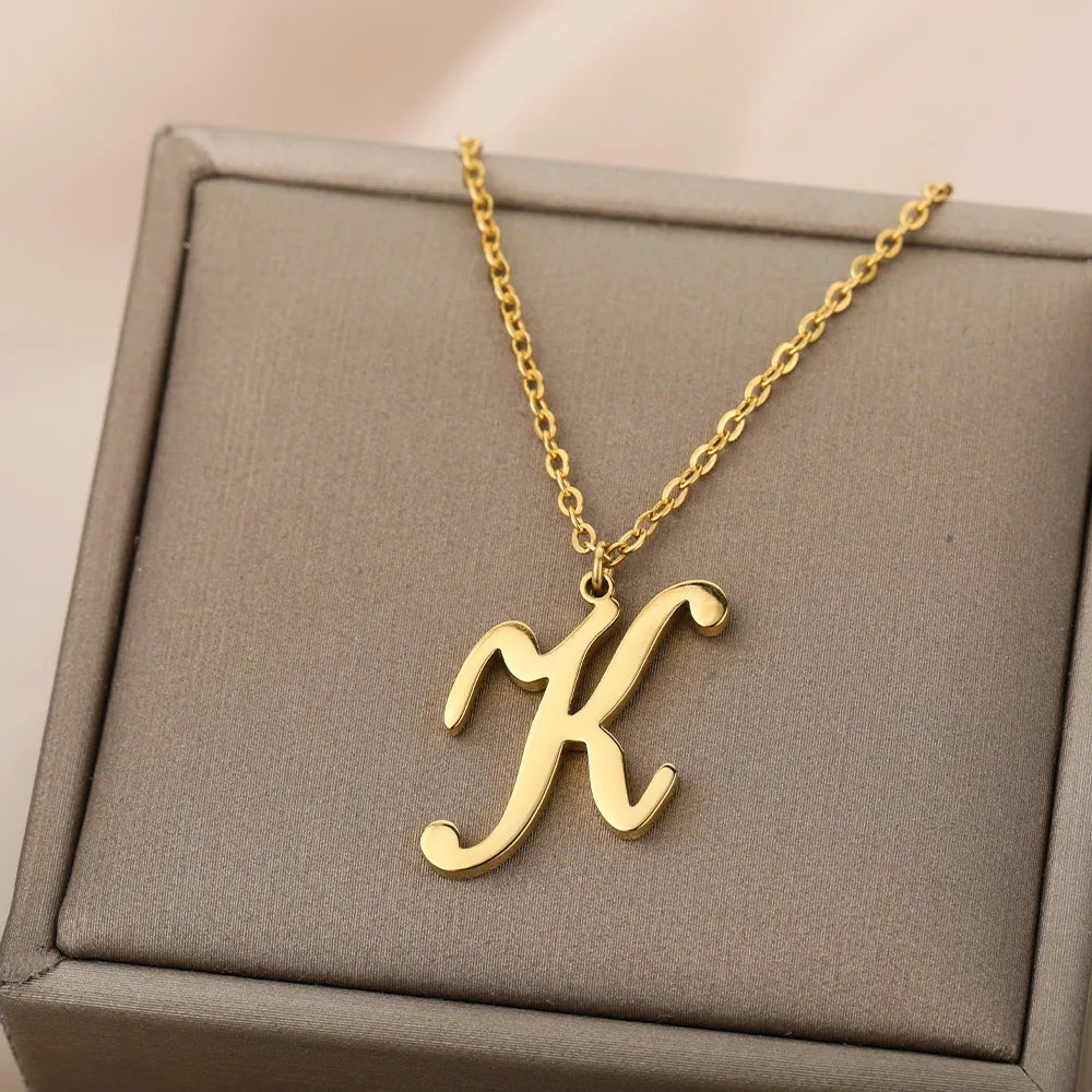 Artistic Cursive Initials Letter Necklace For Women Gold Plated Chain Choker Necklace Charm Collar Stainless Steel Jewelry