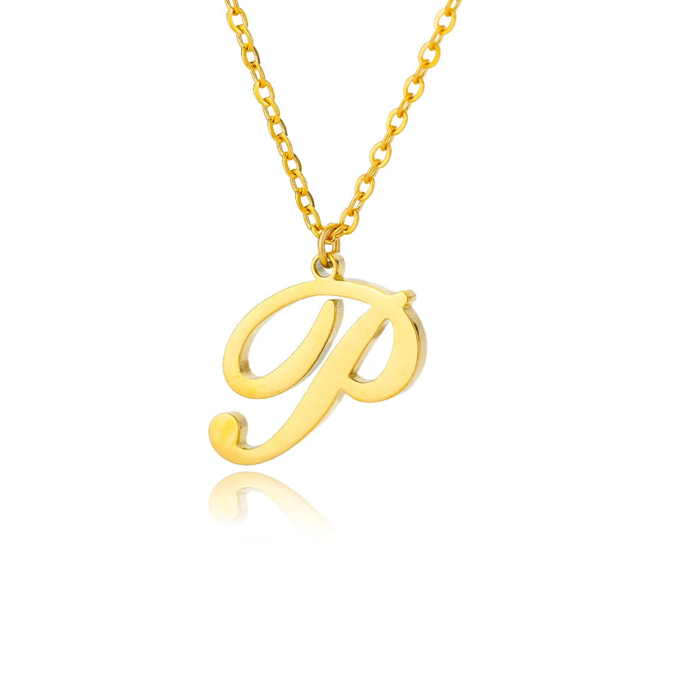Artistic Cursive Initials Letter Necklace For Women Gold Plated Chain Choker Necklace Charm Collar Stainless Steel Jewelry