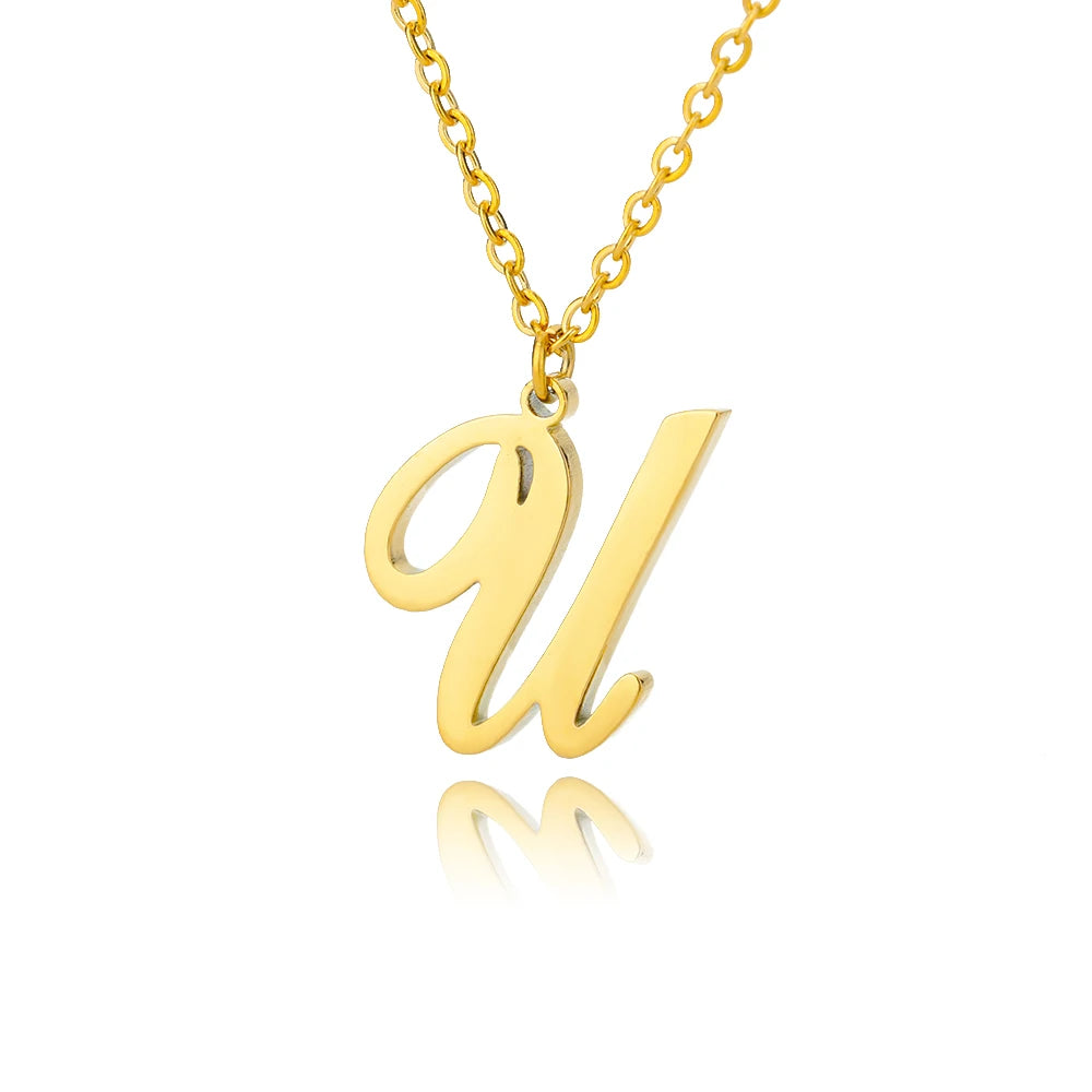 Artistic Cursive Initials Letter Necklace For Women Gold Plated Chain Choker Necklace Charm Collar Stainless Steel Jewelry