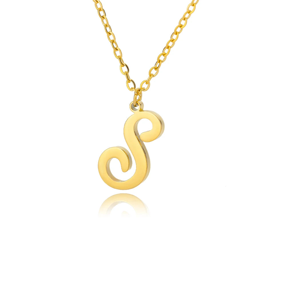 Artistic Cursive Initials Letter Necklace For Women Gold Plated Chain Choker Necklace Charm Collar Stainless Steel Jewelry