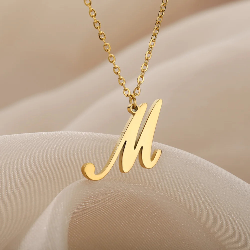 Artistic Cursive Initials Letter Necklace For Women Gold Plated Chain Choker Necklace Charm Collar Stainless Steel Jewelry