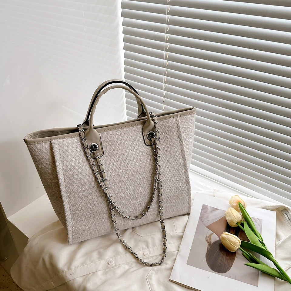 New Fashion Simple Canvas Material Chain Bag Large Capacity Chain Zipper Women's Shoulder Bag Tote Bag For Commuter Shopping
