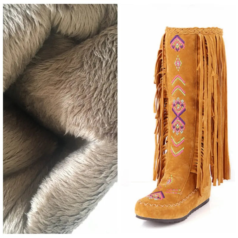 REAVE CAT Fashion Nation Flock Leather Women Fringe Flat Heels Long Boots Spring Autumn Tassel Knee High Boots