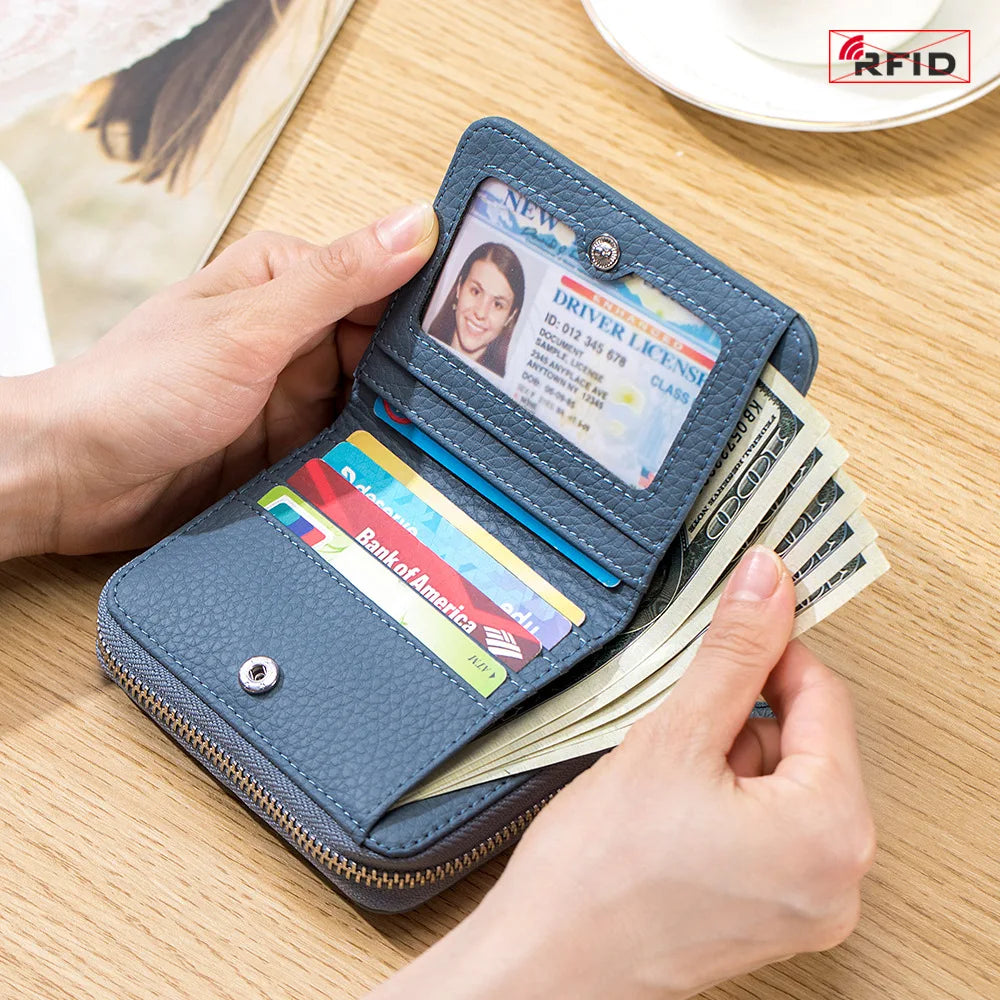 Genuine Leather Short Wallet RFID Bank Credit Card Holder First Layer Cowhide Mini Coin Purse Bag Clutch Key Pouch For Men Women