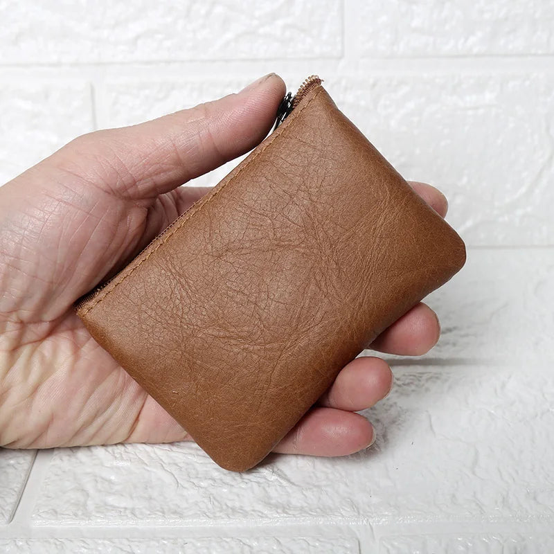 Leather Mini Coin Purse Unisex Simple Portable First Layer Cowhide Retro Handmade Zipper Small Wallet Key Case