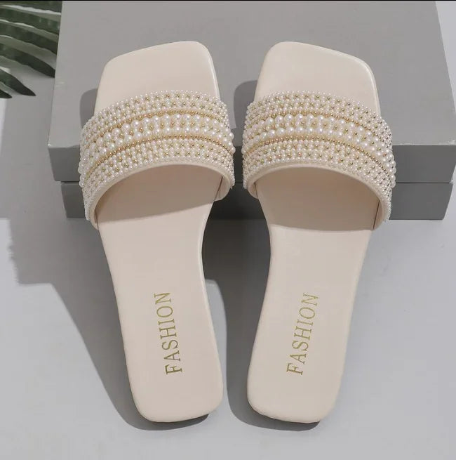 Women Luxury Pearl Slippers Summer Flats Square Toe Slides Sandals Woman Non Slip Beach Flip Flops Big Size Zapatillas De Mujer