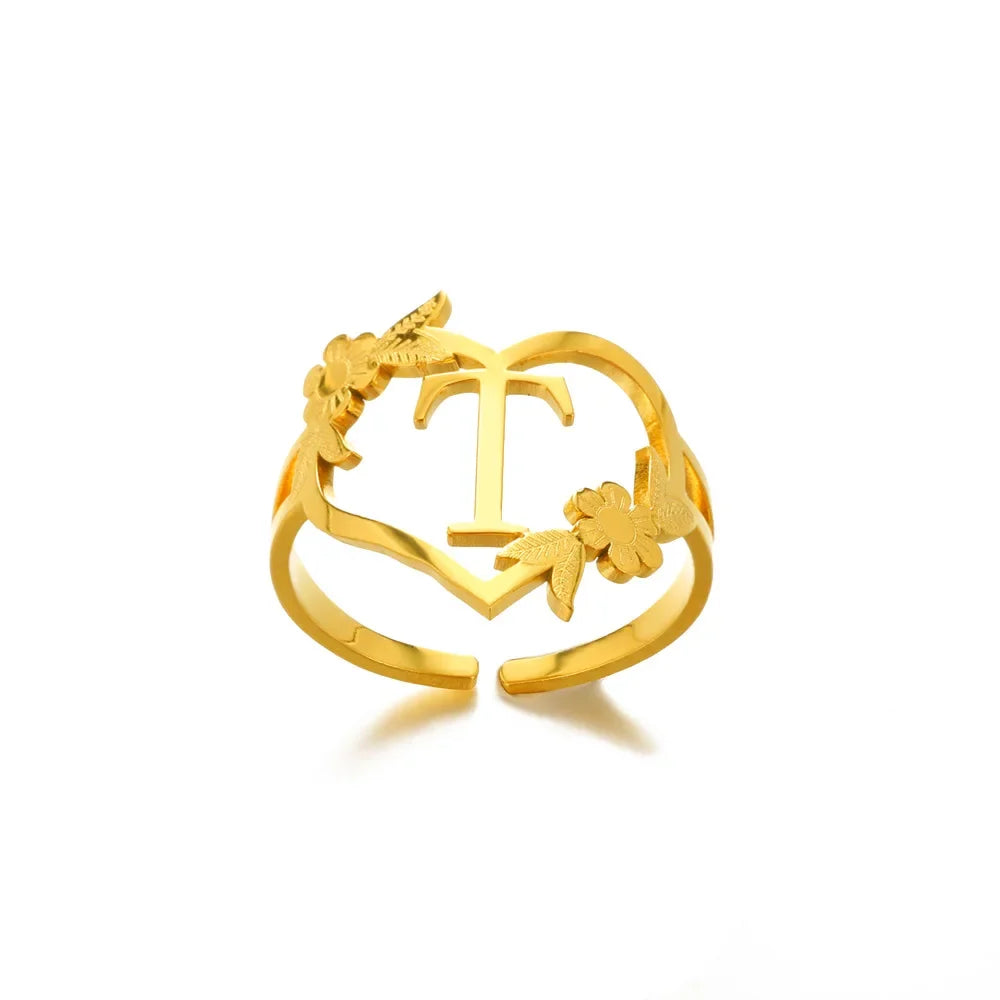 A-Z Ring Initials Flower Heart Rings Stainless Steel Gold Colour Rings for Women Adjustable Simple Opening Couple Rings Jewelry