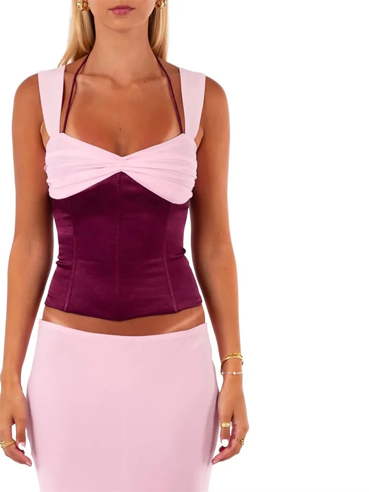 CHRONSTYLE Sexy Women Summer Tank Tops Sleeveless Halter Contrast Color Corsets V-neck Ruched Back Criss-cross Tie-up Vest 2025