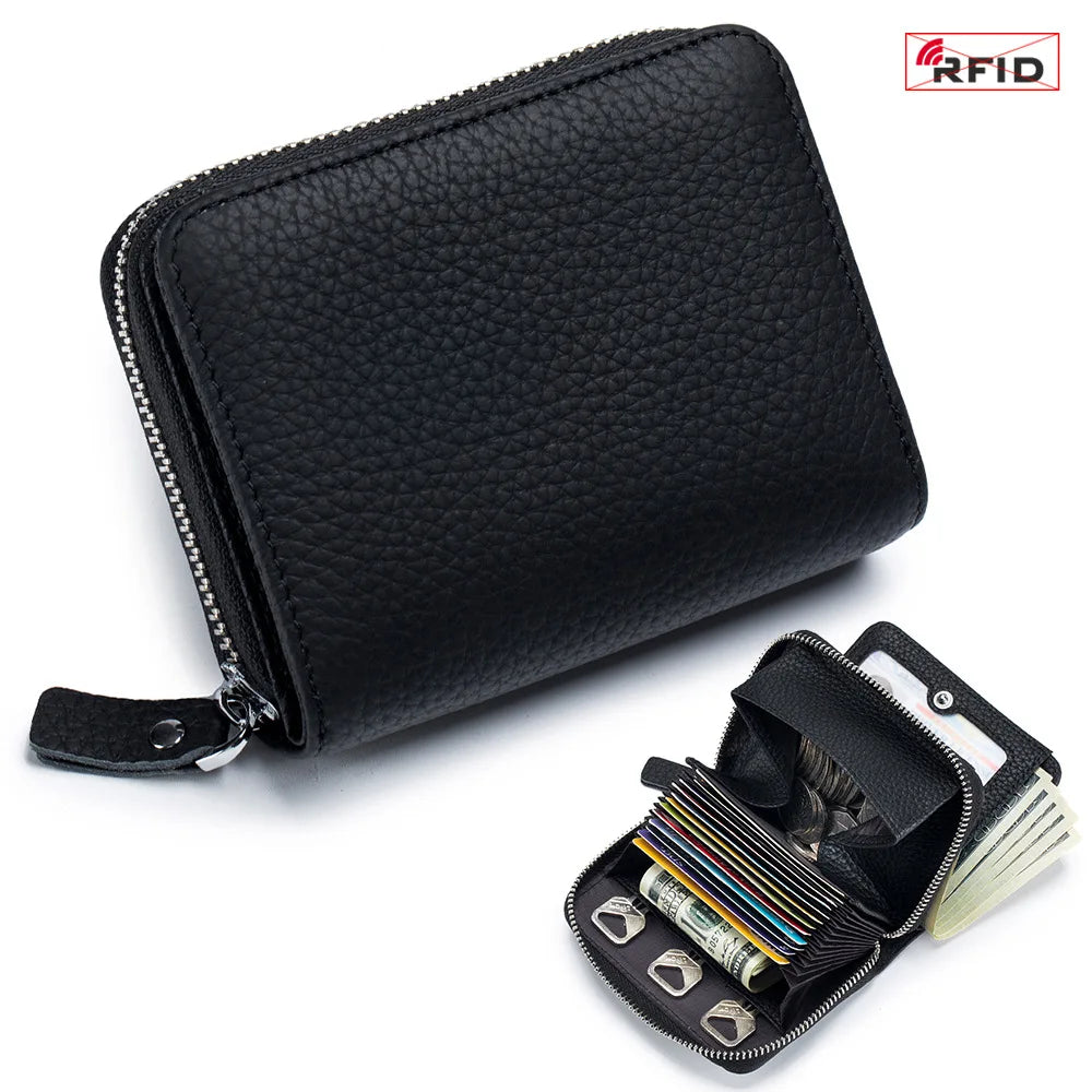 Genuine Leather Short Wallet RFID Bank Credit Card Holder First Layer Cowhide Mini Coin Purse Bag Clutch Key Pouch For Men Women