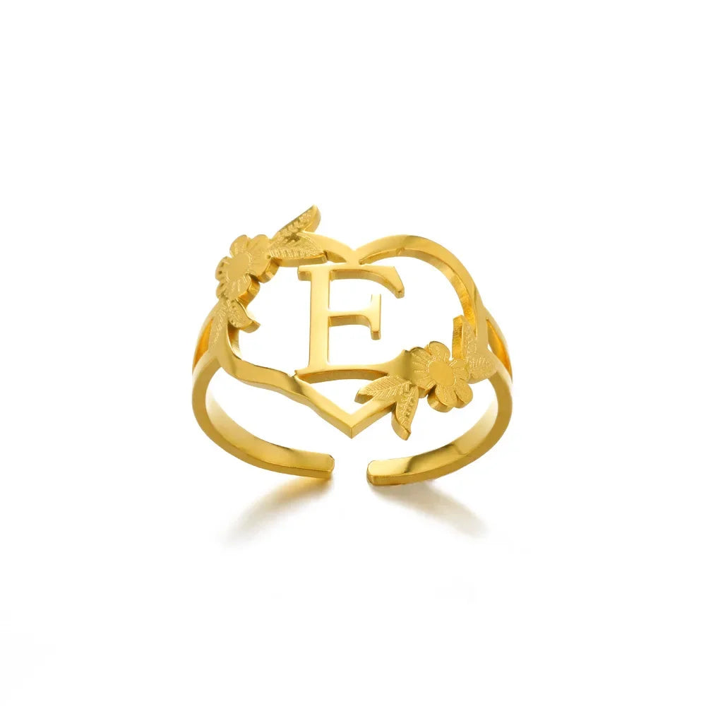A-Z Ring Initials Flower Heart Rings Stainless Steel Gold Colour Rings for Women Adjustable Simple Opening Couple Rings Jewelry
