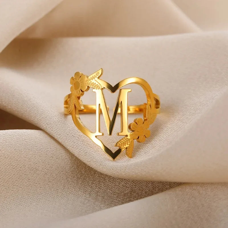 A-Z Ring Initials Flower Heart Rings Stainless Steel Gold Colour Rings for Women Adjustable Simple Opening Couple Rings Jewelry