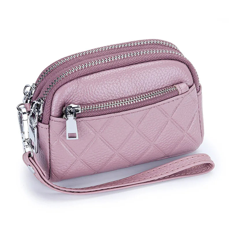 Women Coin Purse Cowhide Large Capacity Three Zipper Multifunction Money Lipstick Pocket Clutch Coin Bag Removable Wrist Strap