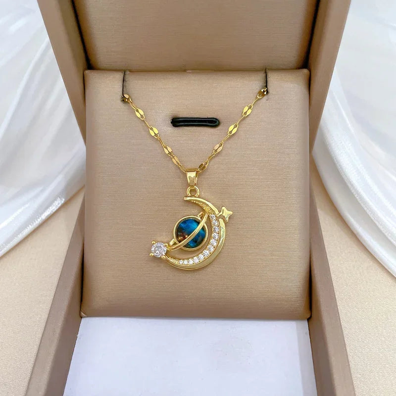 Luxury Inlaid Zircon Planet Moon Pendant Necklace for Women Fashion Star Water Drop Clavicle Chain Charm Jewelry Gift
