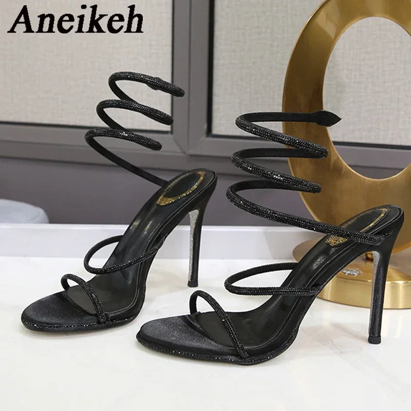 Aneikeh Luxury Rhinestones Snake Coiled Ankle Strap Stiletto Heeled Women Gladiator Sandals 2025 Summer Party Banquet Prom Shoes