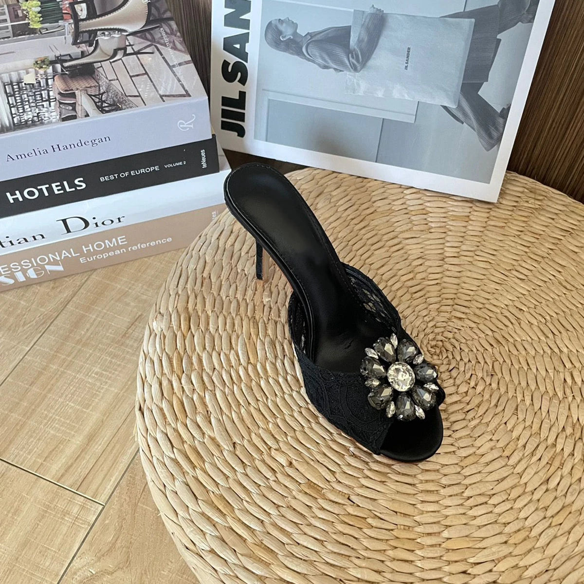 Ladies Lace Wedding Shoes Round High Heels Mesh Breathable Rhinestone Stiletto Sandals