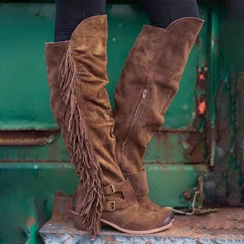 Winter new style long boots with thick heels and large sizes, long tassel boots for women